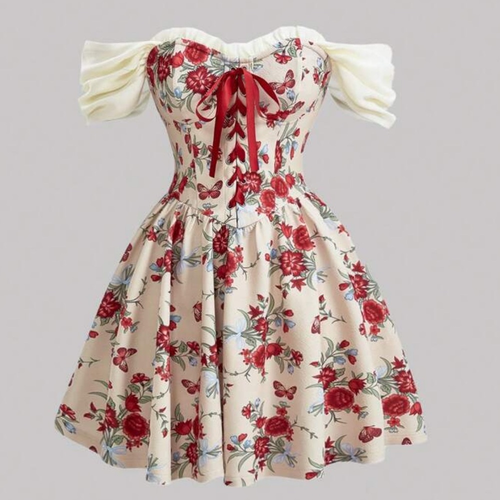 Medium Red Floral Lace Up Dress